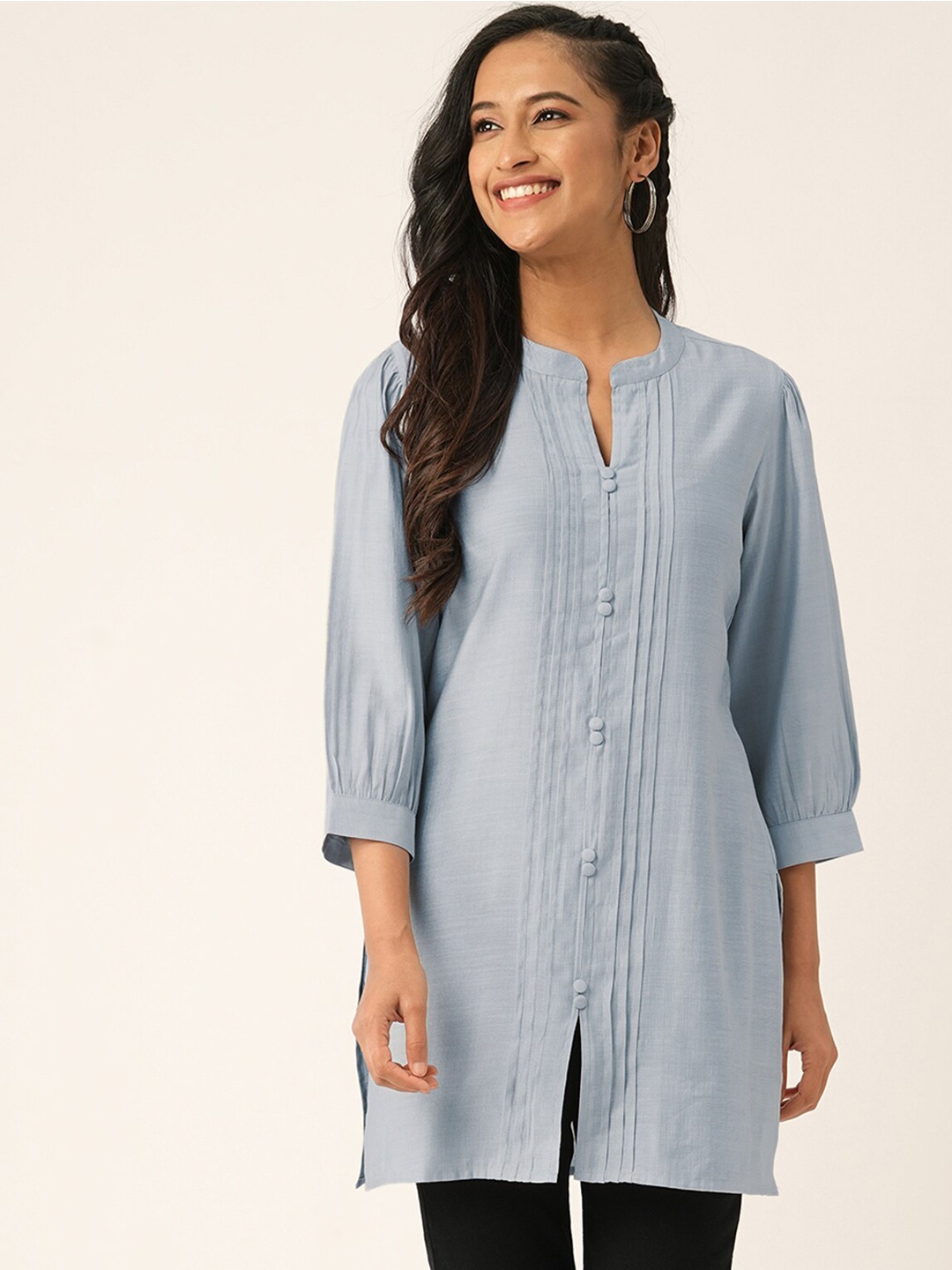 

ODETTE Mandarin Collar A-Line Kurta, Grey