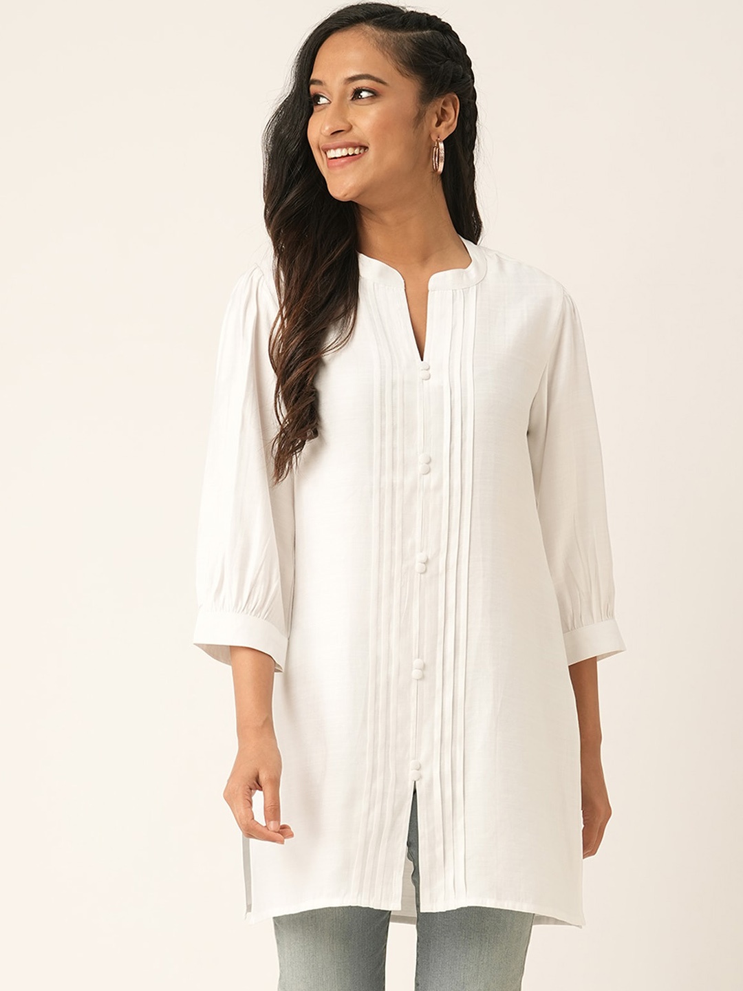 

ODETTE Notch Neck Puff Sleeves Straight Kurti, White