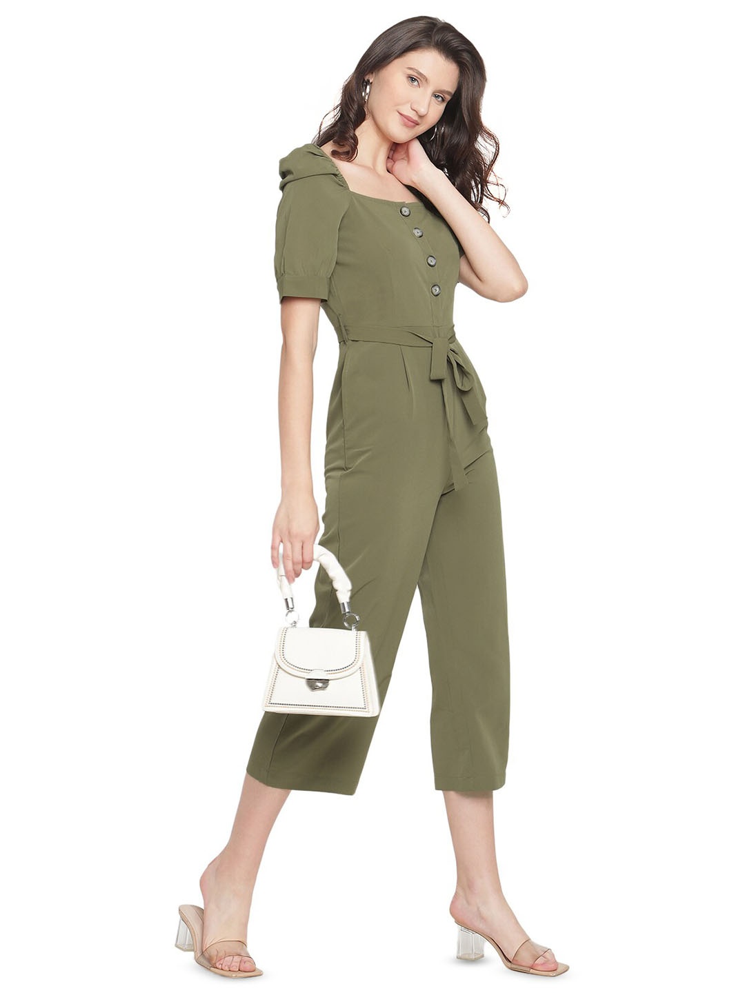 

THREAD MUSTER Olive Green Square Neck Puffed Sleeves Basic Jumpsuit