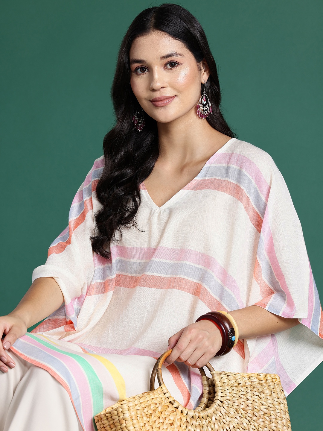 

Sangria Striped Flared Sleeves Jacquard Kaftan Kurta, White