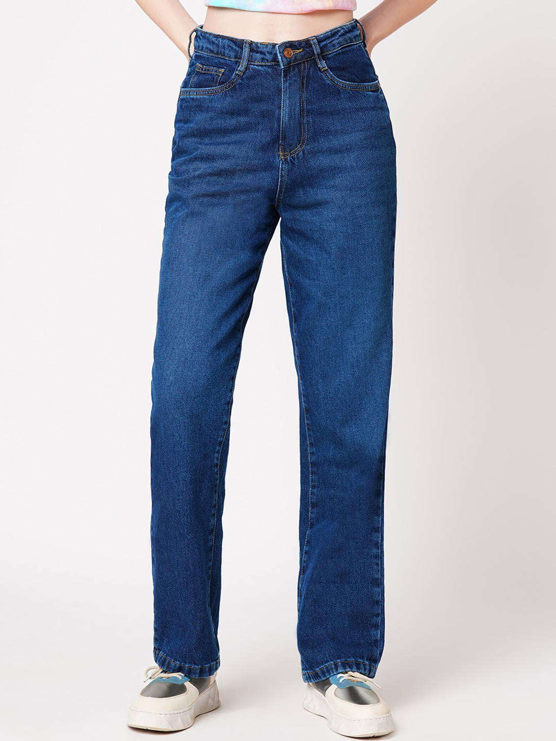 

Kraus Jeans Women Relaxed Fit High-Rise Light Fade Pure Cotton Jeans, Blue