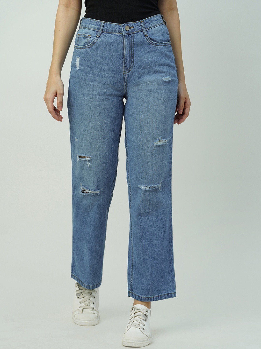 

Kraus Jeans Women Relaxed Fit High-Rise Low Distress Light Fade Cotton Jeans, Blue