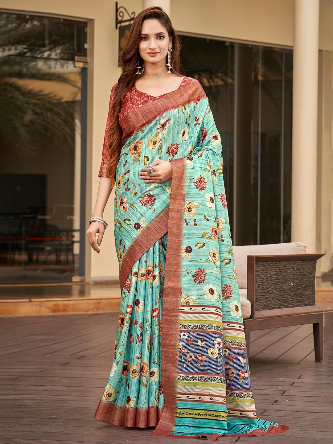 

Vishudh Floral Printed Zari Art Silk Saree, Blue