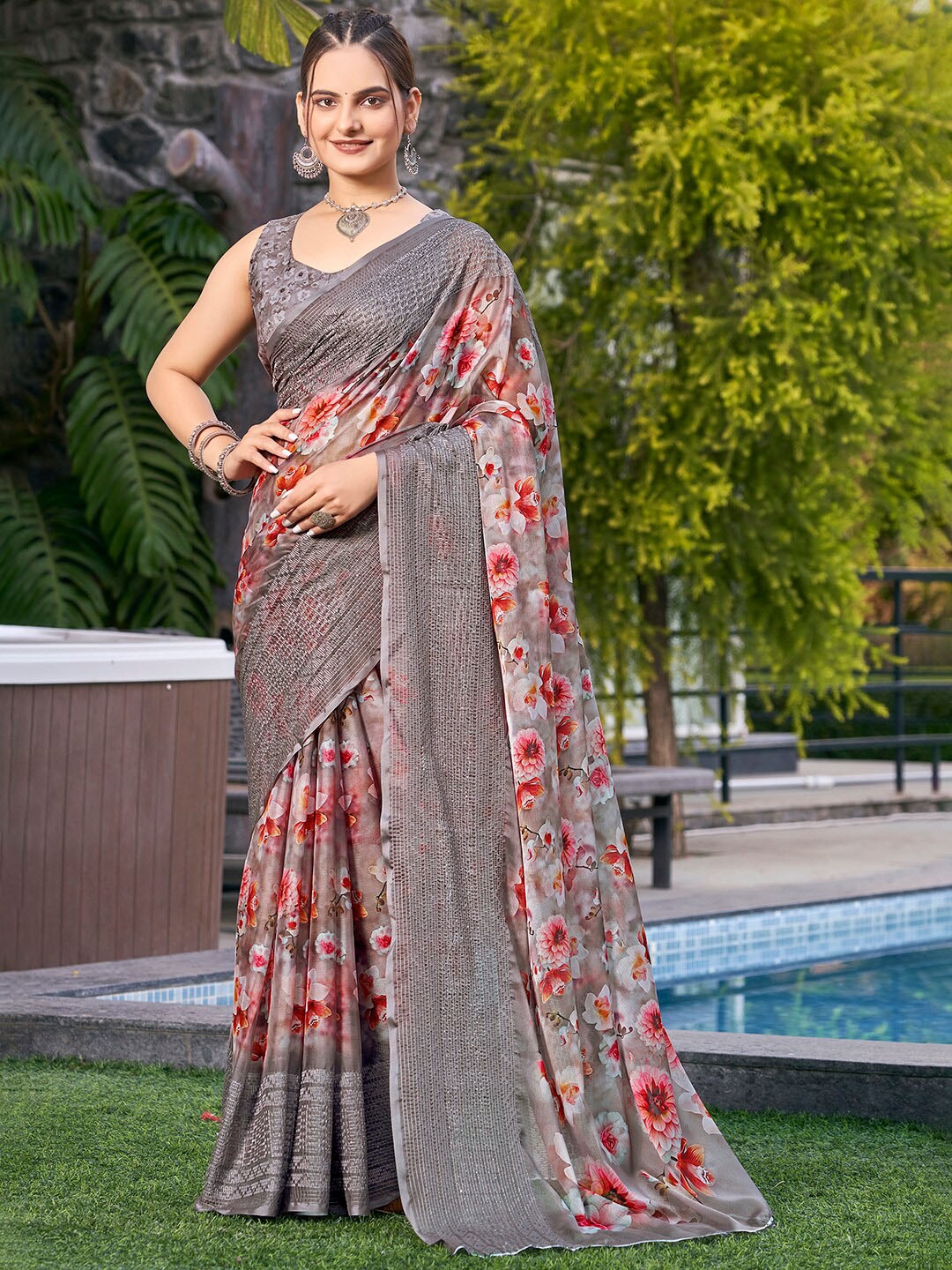 

Vishudh Grey and Red Floral Printed Saree