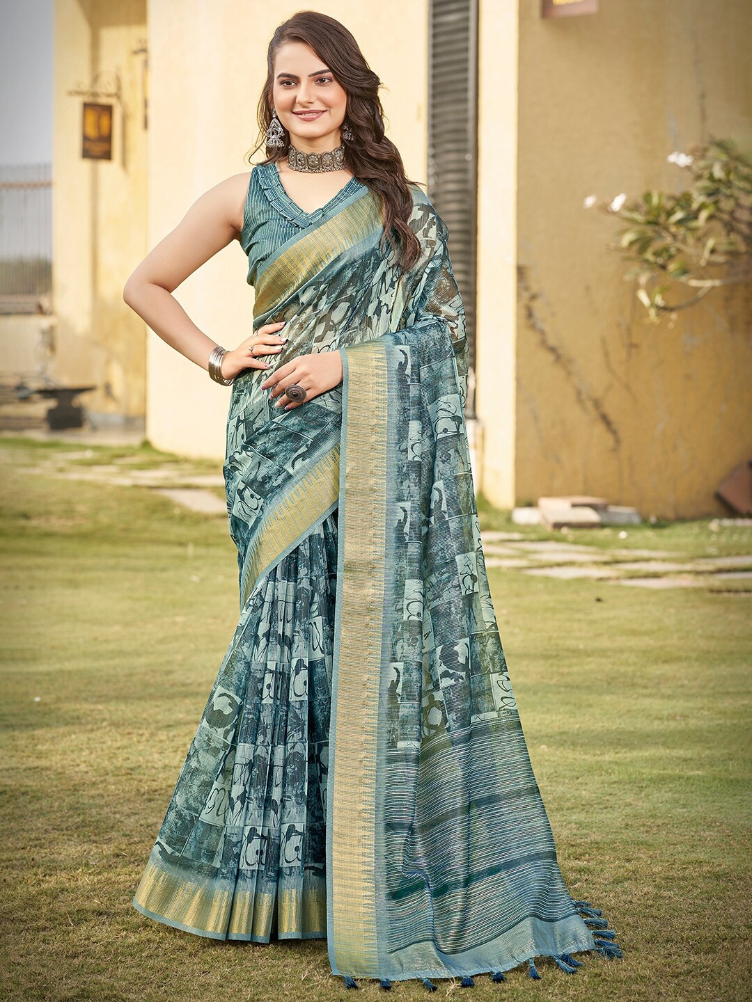 

Vishudh Abstract Printed Zari Saree, Blue