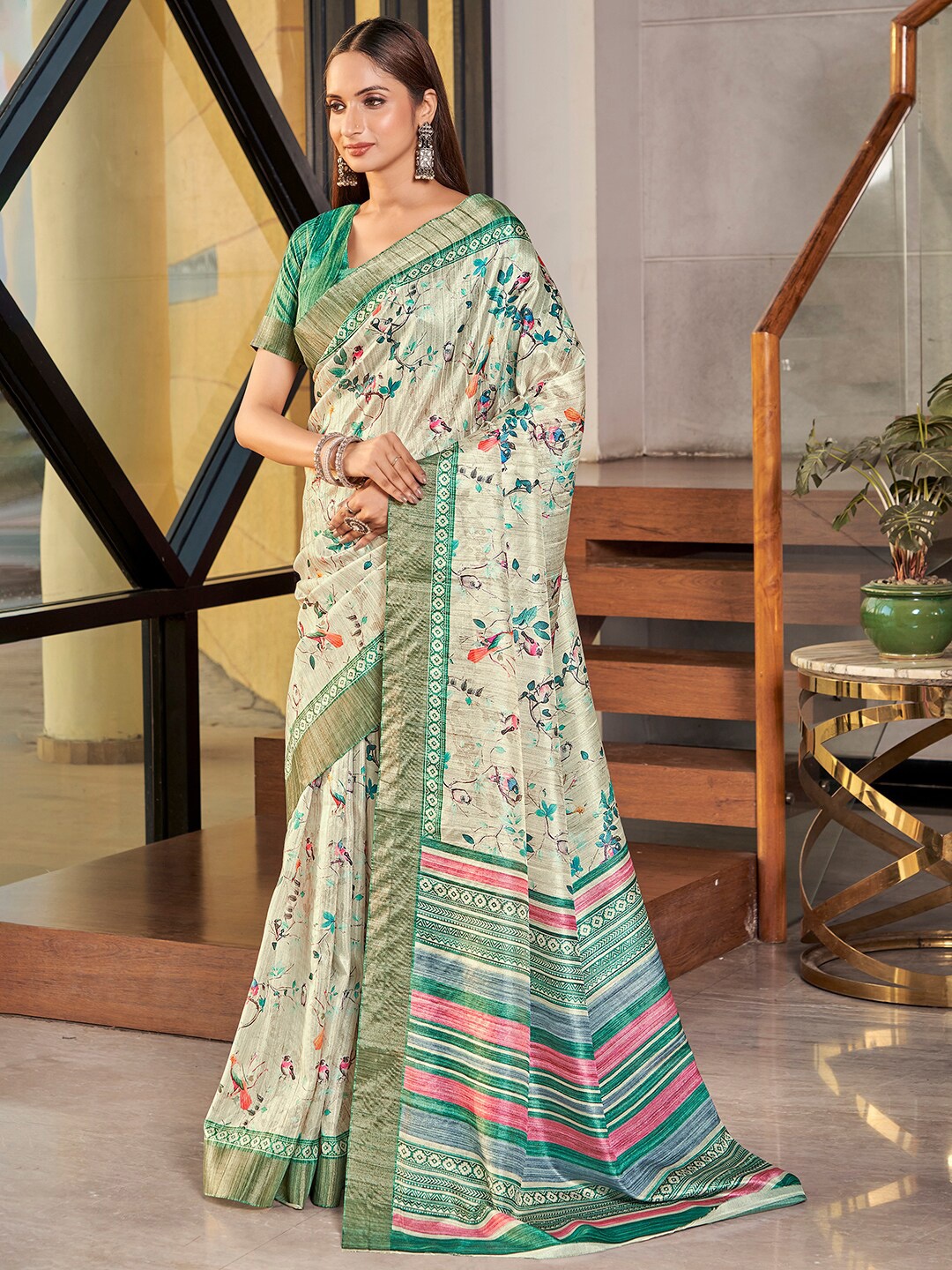 

Vishudh Floral Printed Zari Art Silk Saree, Green