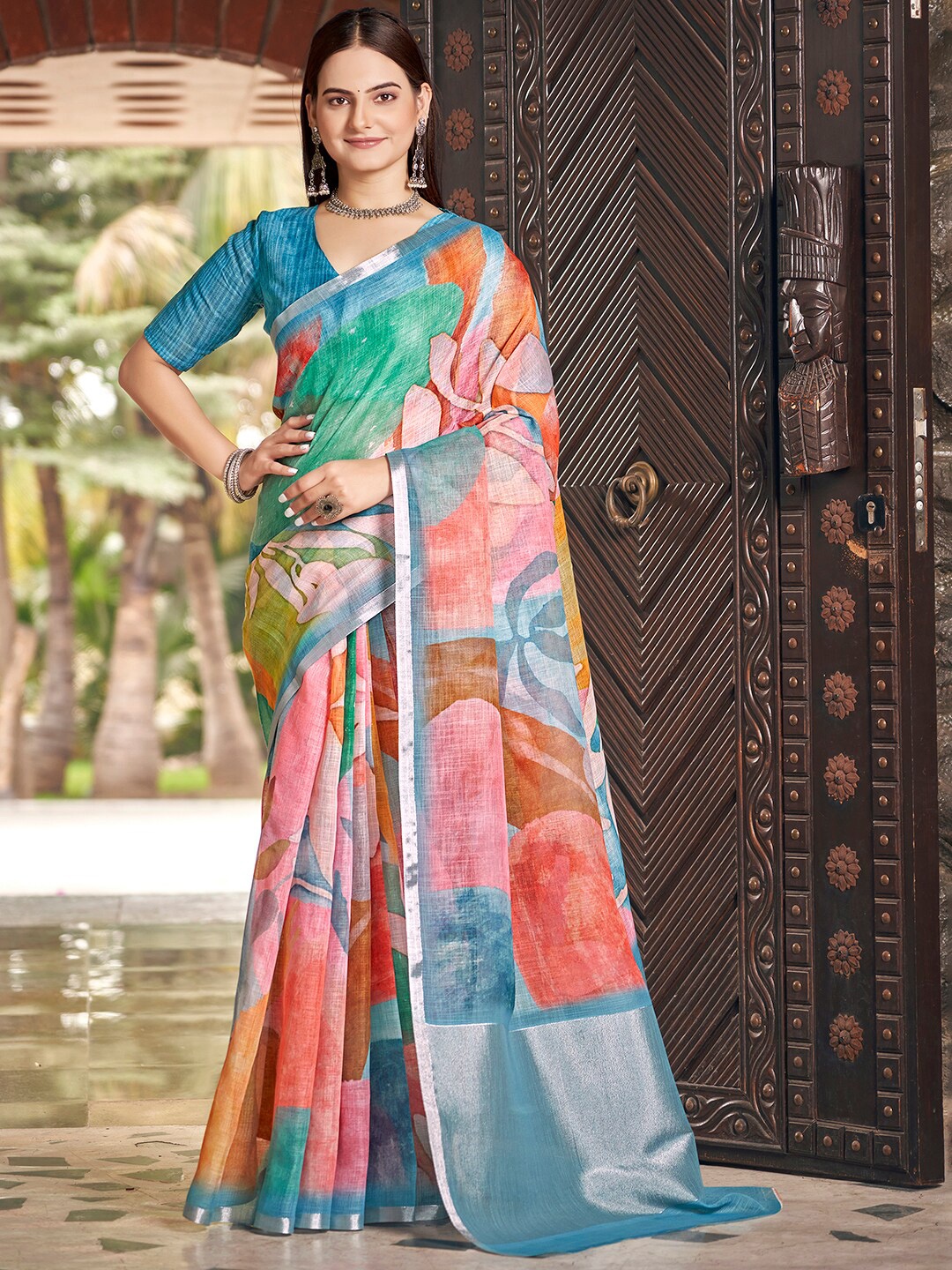 

Vishudh Abstract Printed Zari Saree, Pink