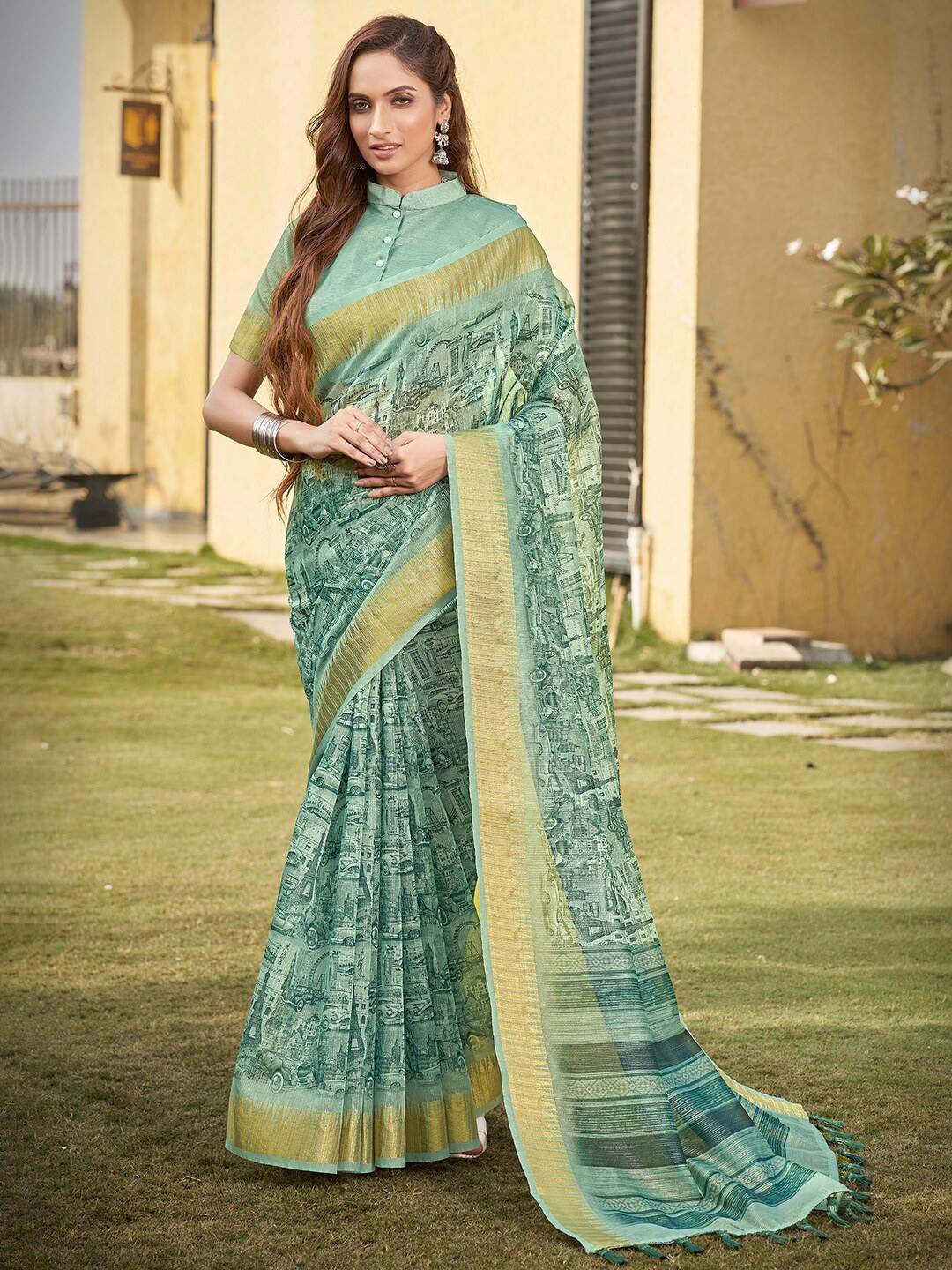 

Vishudh Abstract Printed Zari Organza Saree, Blue