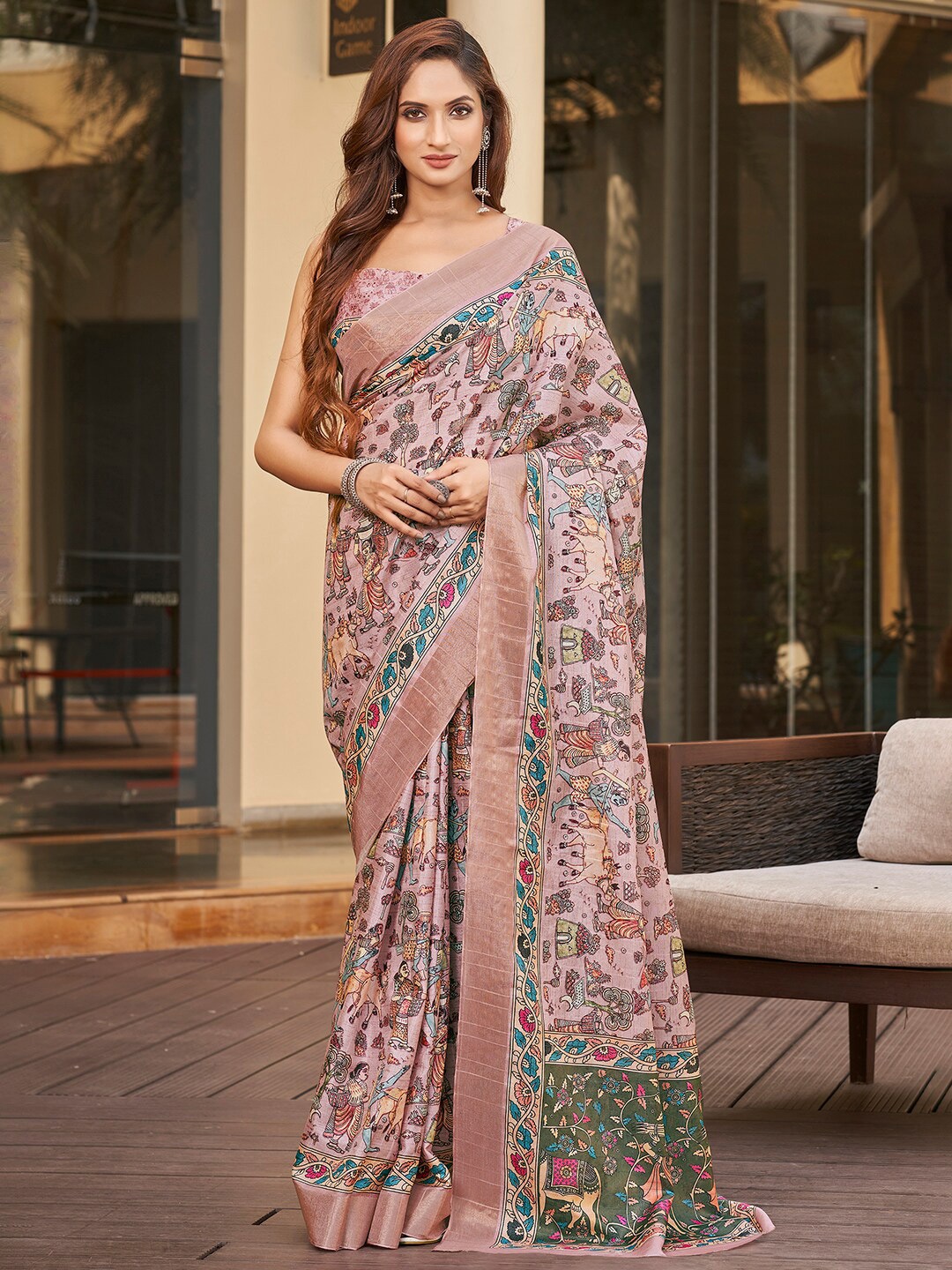 

Vishudh Kalamkari Printed Zari Saree, Pink