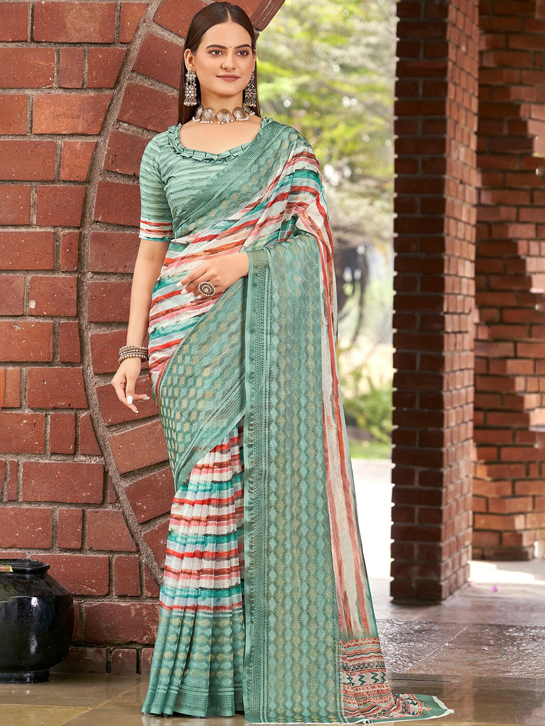 

Vishudh Striped Saree, Green