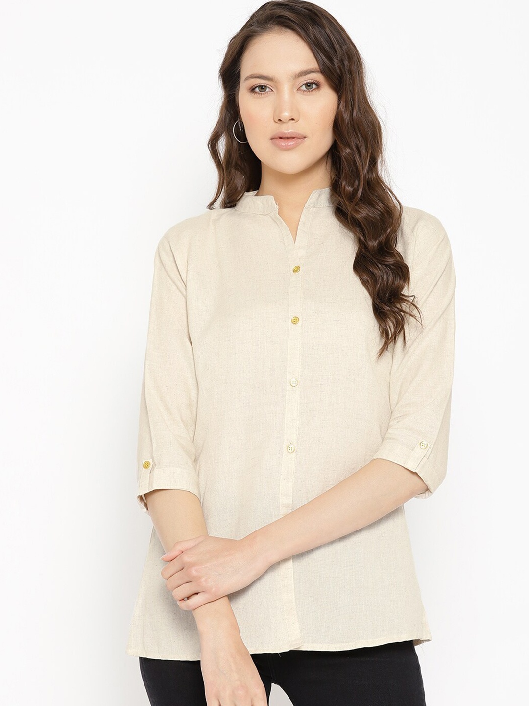 

KALINI Mandarin Collar Roll-Up Sleeves Cotton Shirt Style Top, Beige