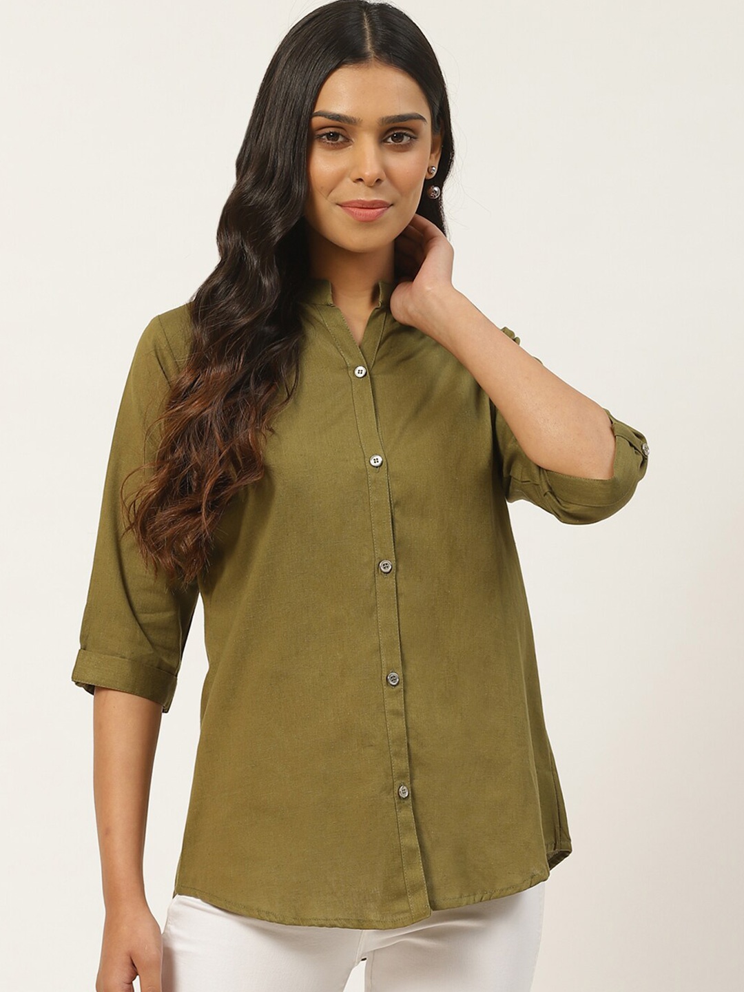 

KALINI Mandarin Collar Roll Up Sleeves Cotton Shirt Style Top, Olive