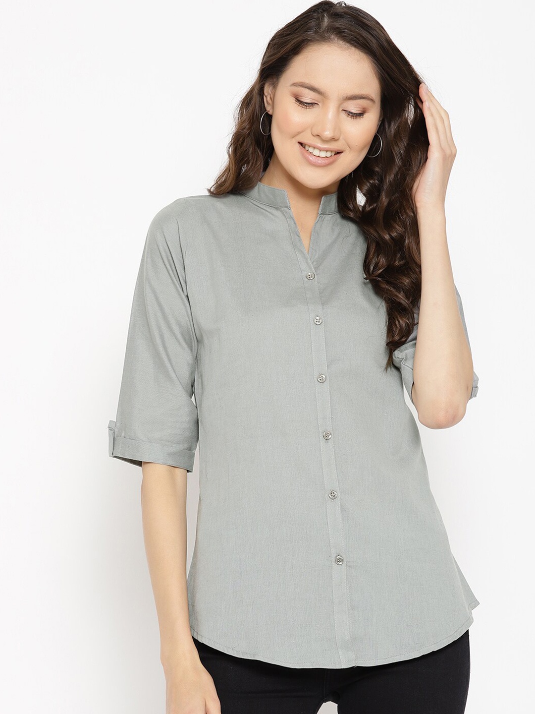 

KALINI Mandarin Collar Roll Up Sleeves Cotton Shirt Style Top, Grey