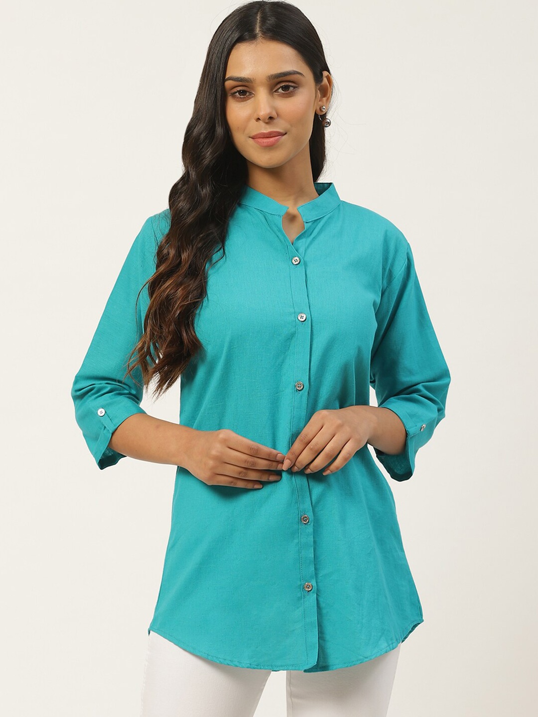 

KALINI Mandarin Collar Roll Up Sleeves Cotton Shirt Style Top, Teal