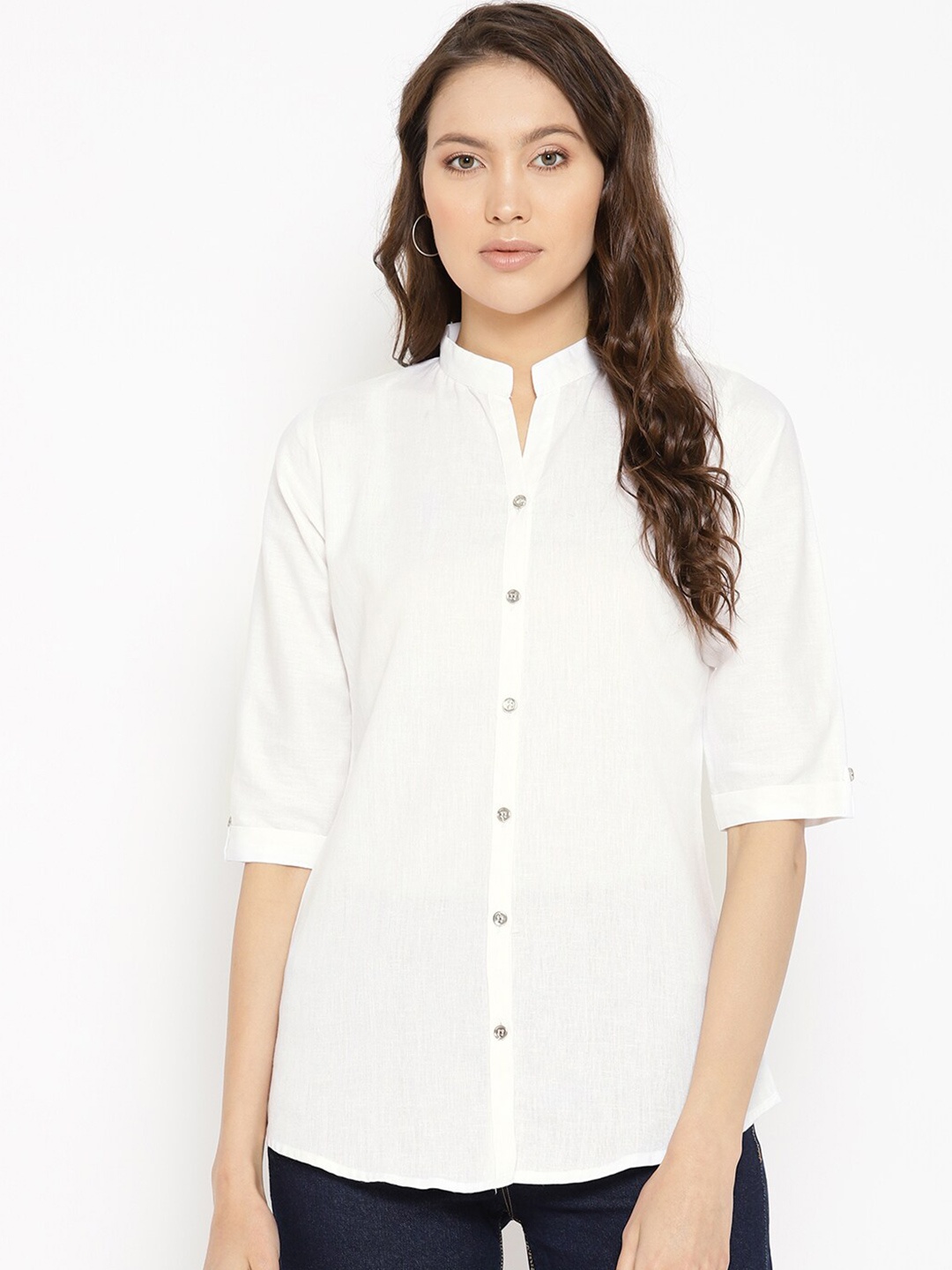 

KALINI Mandarin Collar Roll-Up Sleeves Cotton Shirt Style Top, White