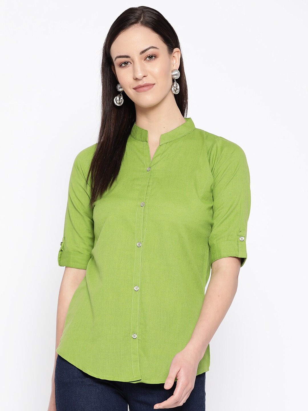 

KALINI Mandarin Collar Roll-Up Sleeves Cotton Shirt Style Top, Green