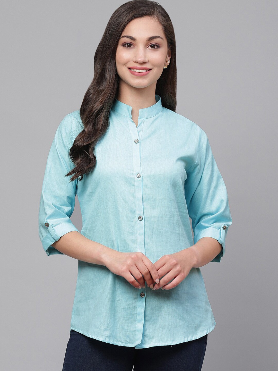 

KALINI Mandarin Collar Roll Up Sleeves Cotton Shirt Style Top, Sea green