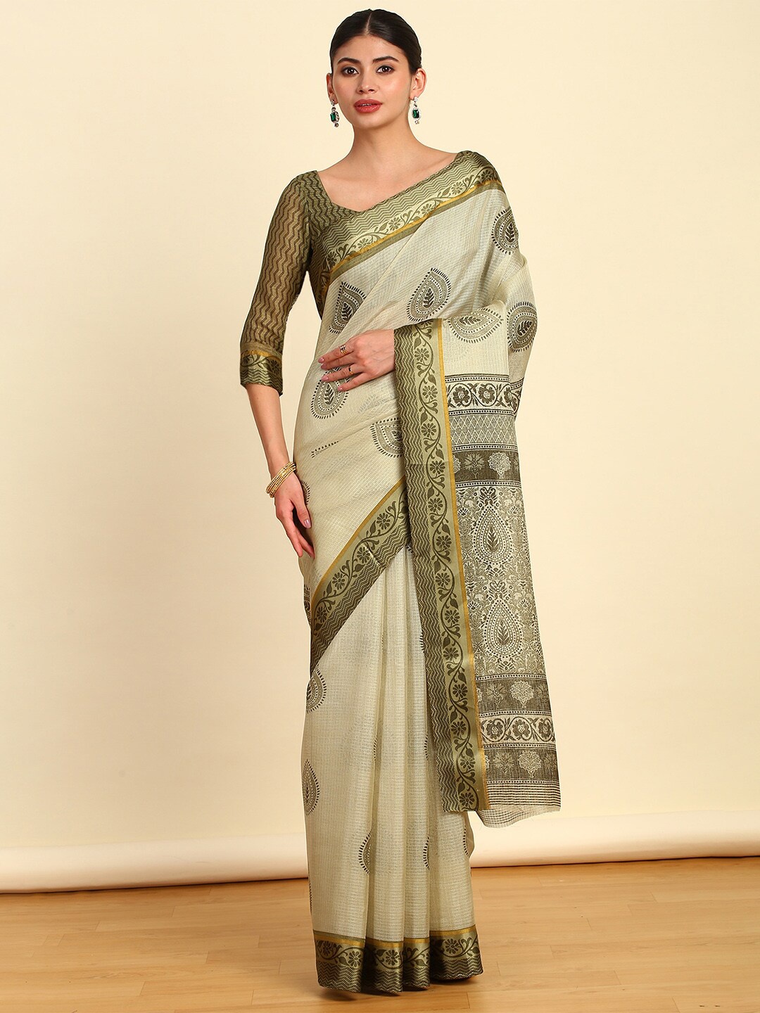 

Soch Green Ethnic Motifs Printed Pure Cotton Saree