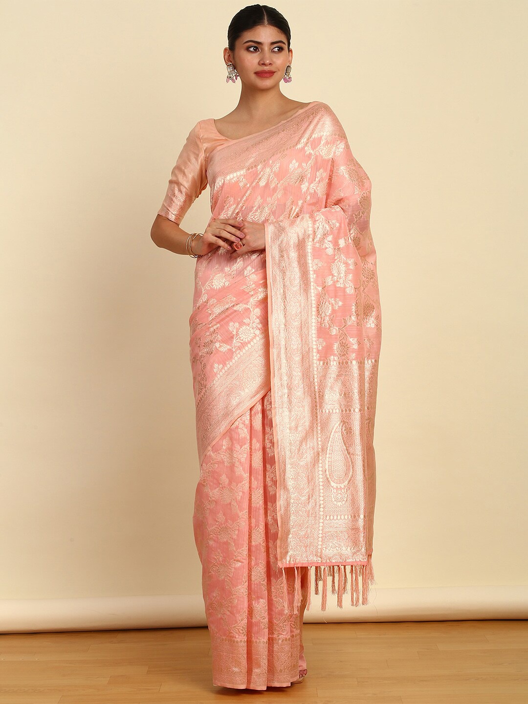 

Soch Peach Ethnic Motifs Woven Design Zari Tussar Saree