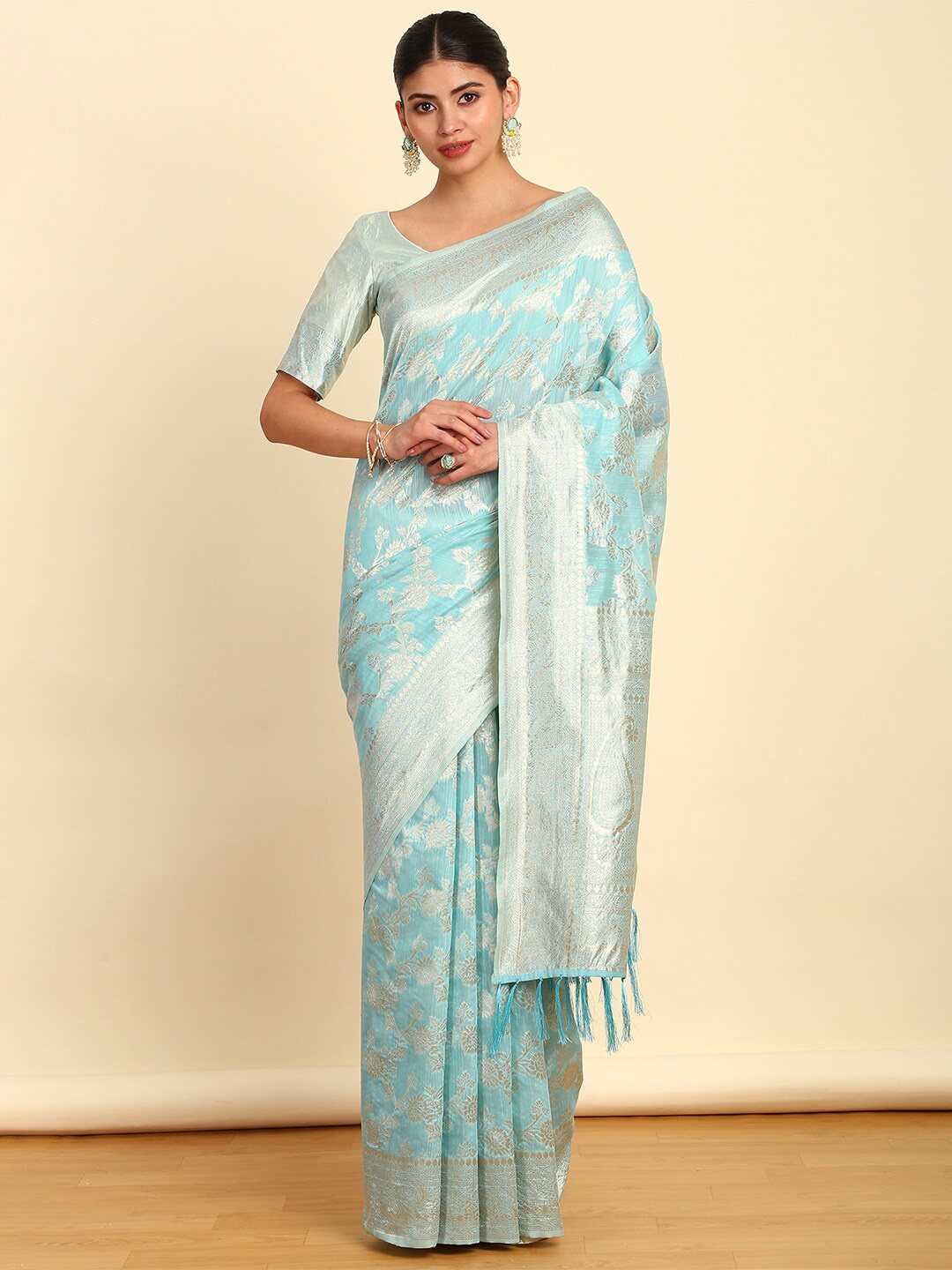 

Soch Turquoise Blue Ethnic Motifs Woven Design Zari Tussar Saree