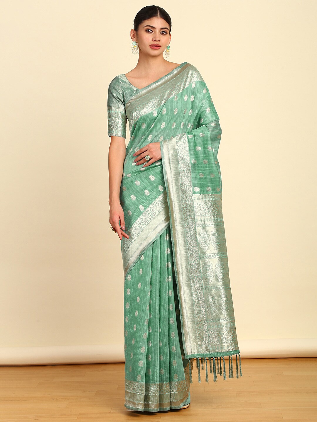 

Soch Green Ethnic Motifs Woven Design Zari Tussar Saree