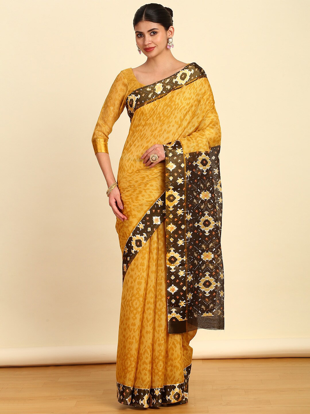 

Soch Abstract Printed Pure Cotton Ikat Saree, Mustard