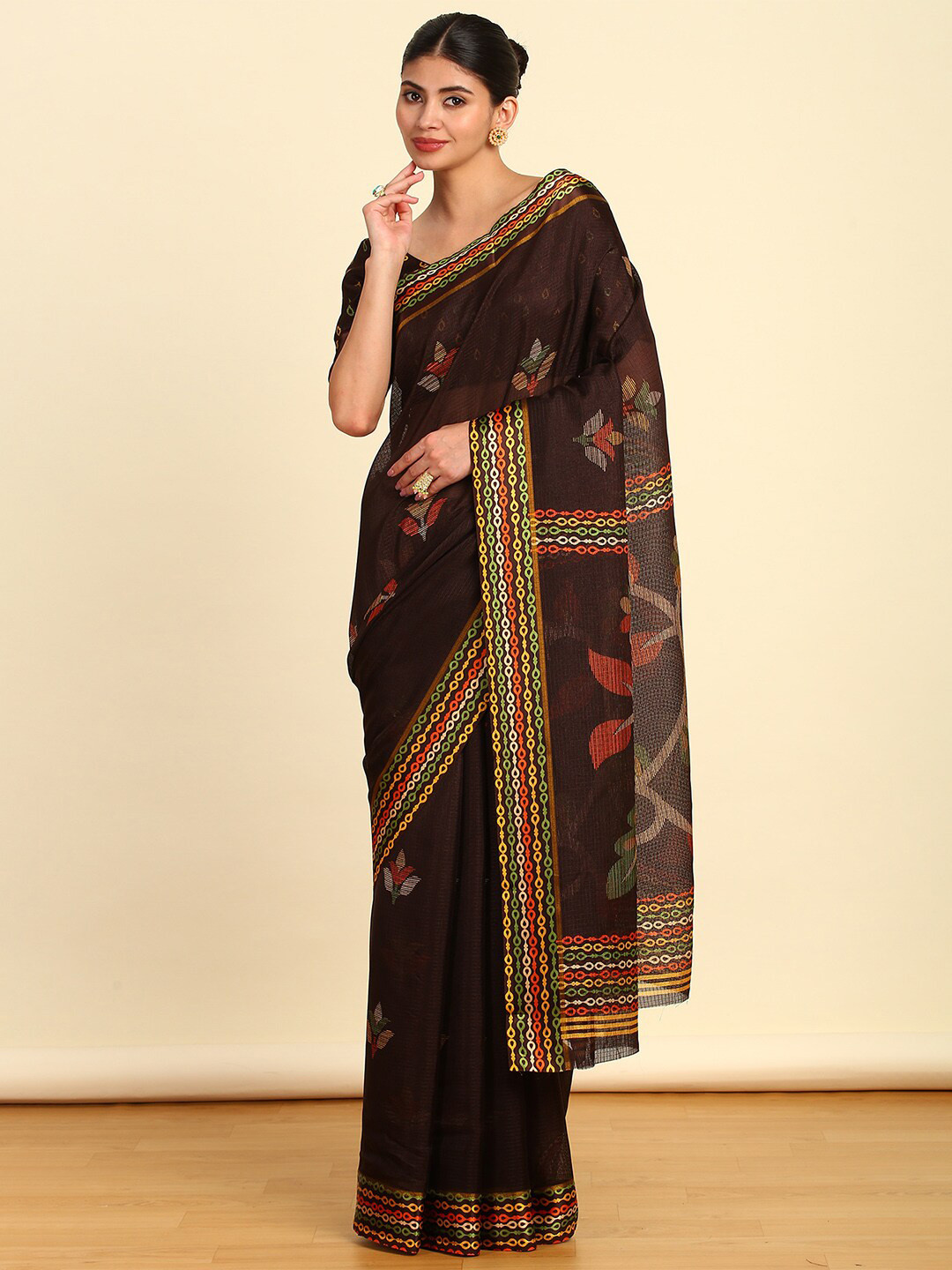 

Soch Brown Floral Printed Pure Cotton Saree