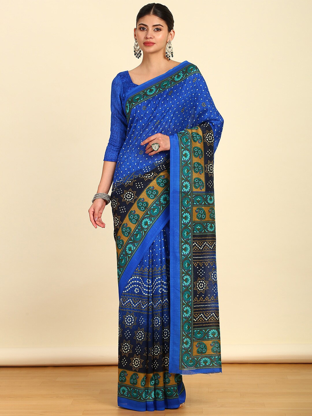 

Soch Blue Bandhani Printed Art Silk Saree