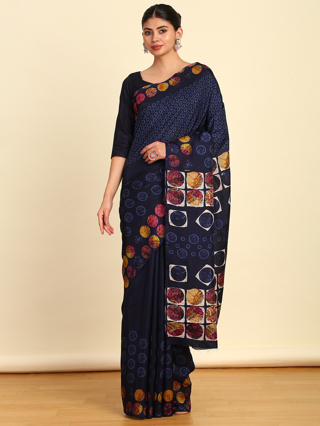 

Soch Navy Blue Geometric Printed Pure Chiffon Saree
