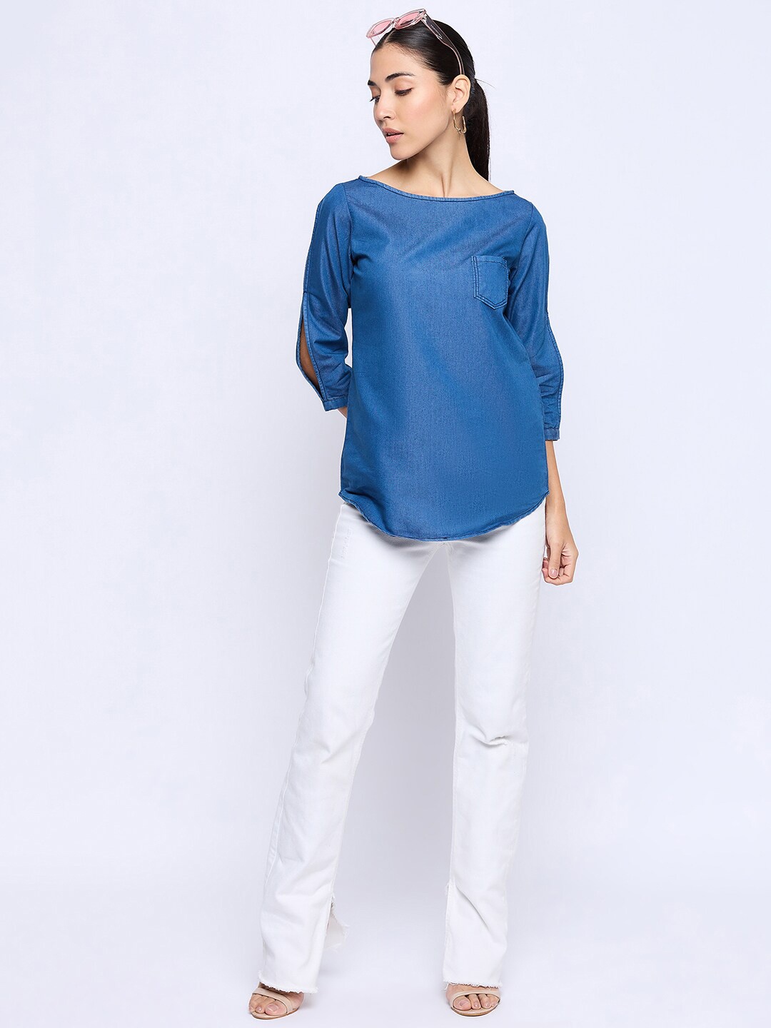 

Ruhaans Boat Neck Slit Sleeves Regular Denim Top, Blue