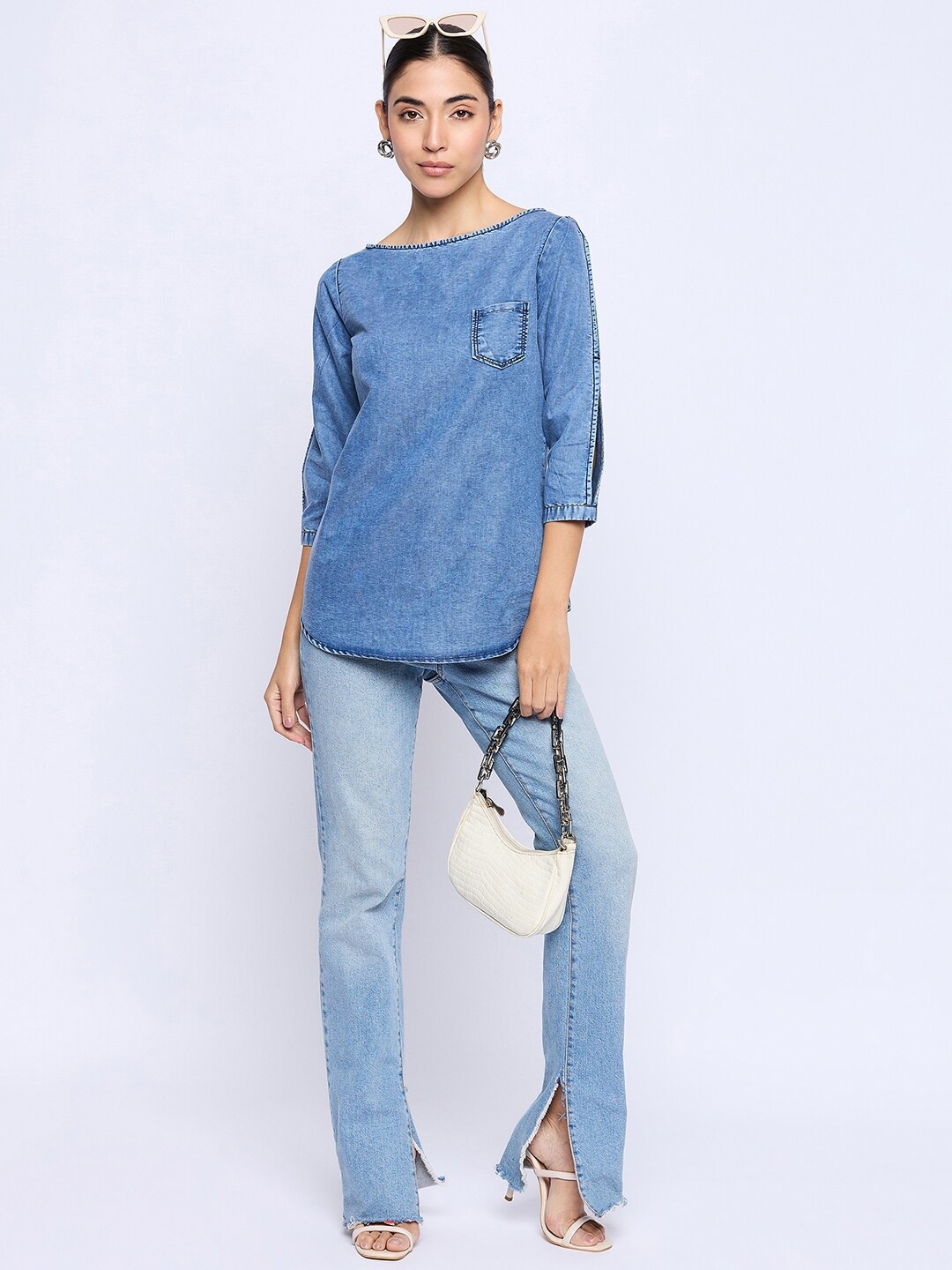 

Ruhaans Boat Neck Slit Sleeves Regular Denim Top, Blue