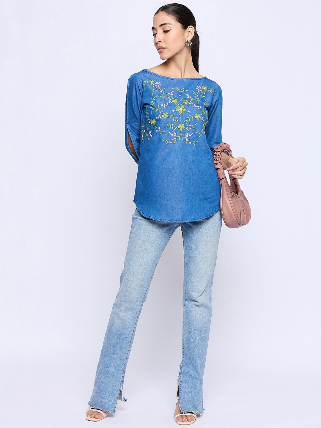 

Ruhaans Floral Embroidered Slit Sleeves Regular Denim Top, Blue