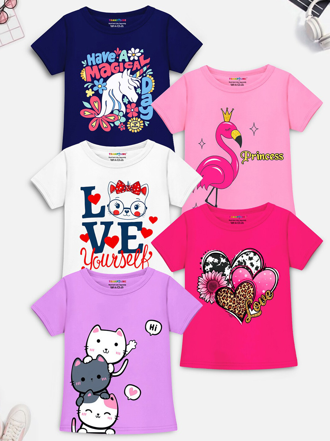 

Trampoline Girls Pack Of 5 Printed Cotton T-shirt, Blue