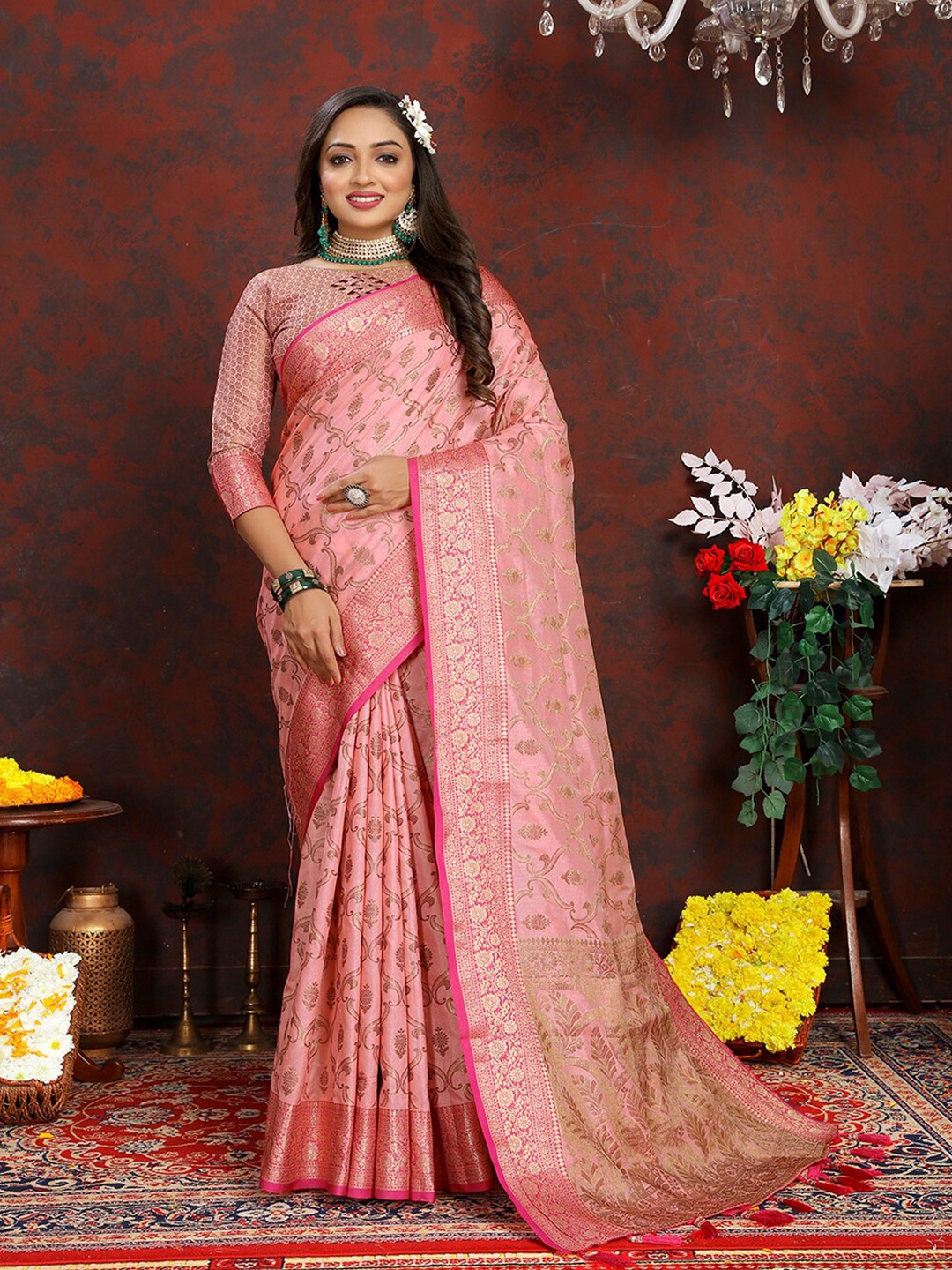

MARGI DESIGNERS Ethnic Motifs Woven Design Zari Art Silk Kanjeevaram Saree, Pink