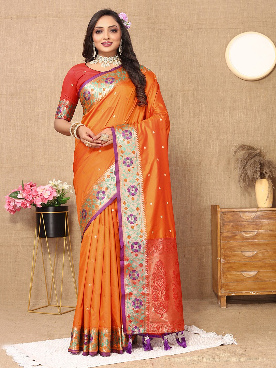

MARGI DESIGNERS Polka Dots Woven Design Zari Silk Blend Banarasi Saree, Orange