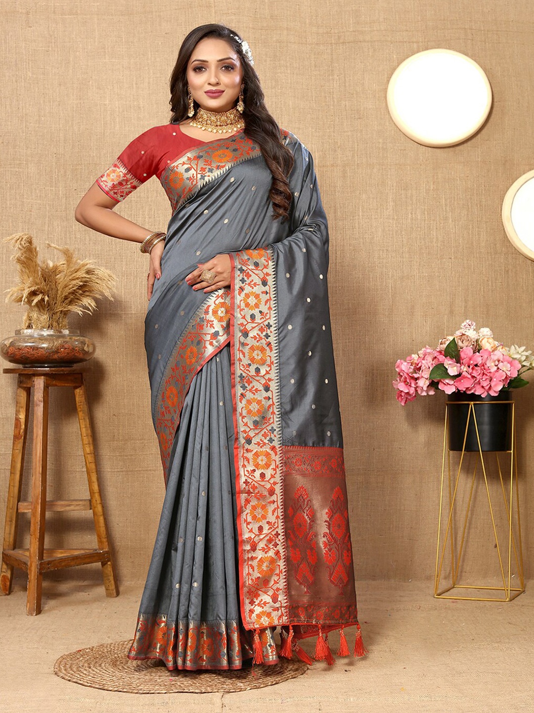 

MARGI DESIGNERS Polka Dots Woven Design Zari Banarasi Saree, Grey