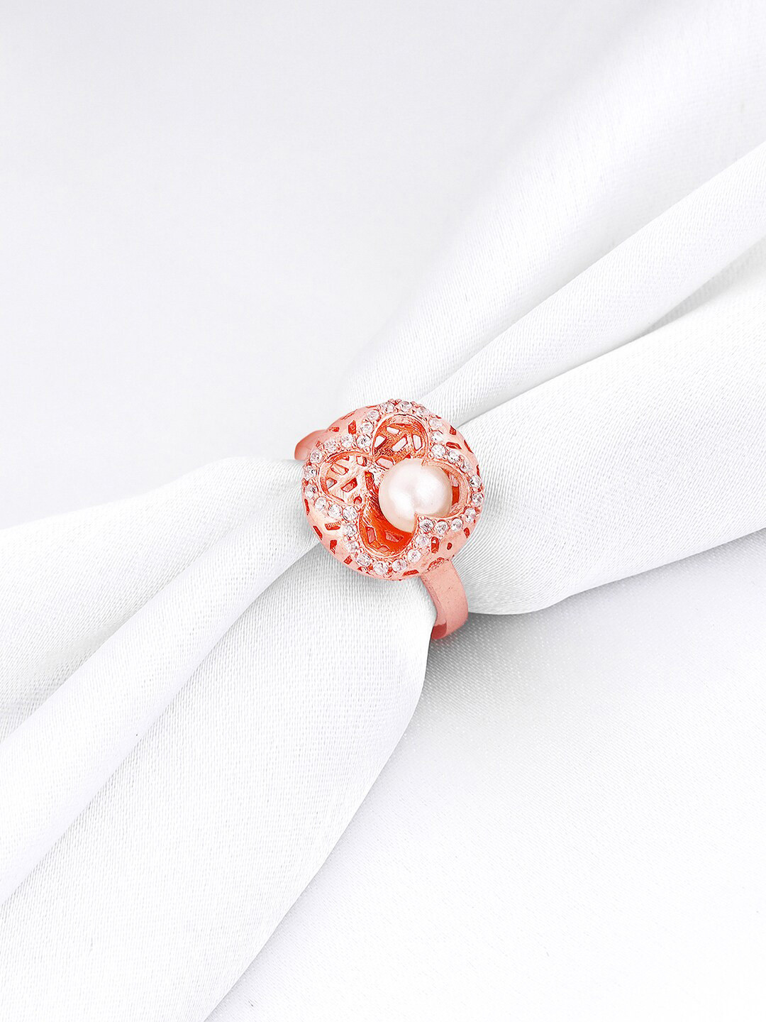 

GIVA 925 Sterling Silver Rose Gold-Plated Stone Studded & Beaded Finger Ring