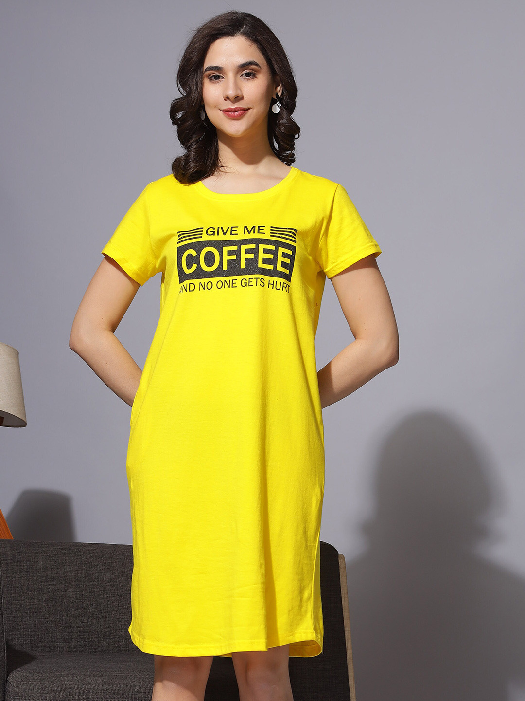 

9shines Label Plus Size Printed Nightdress, Yellow
