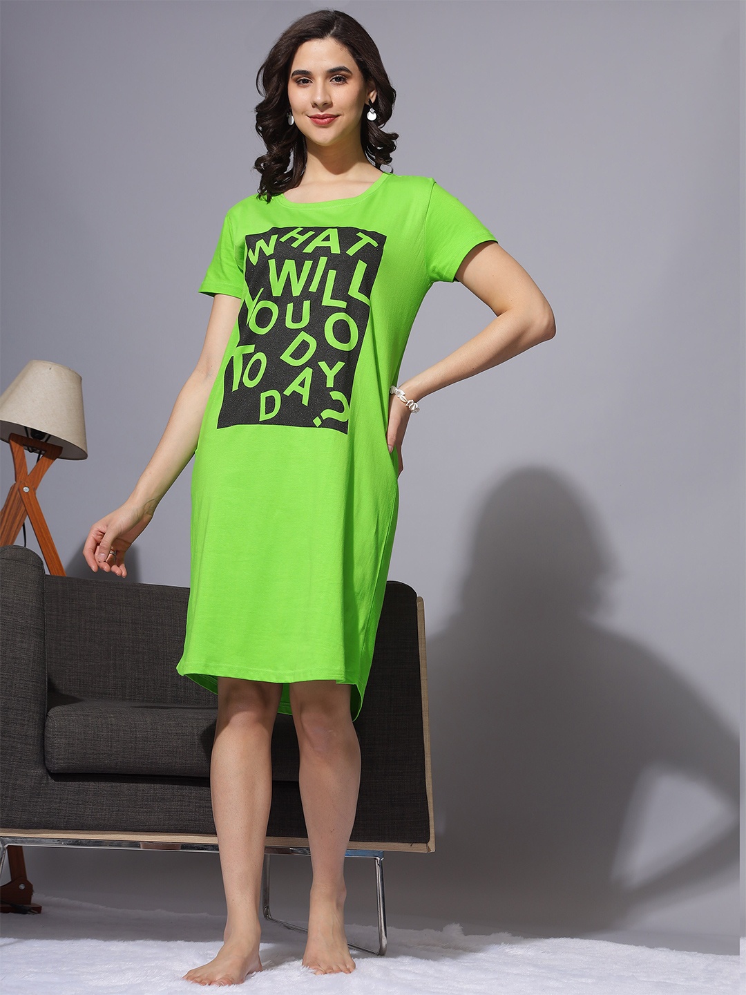 

9shines Label Typography Printed Pure Cotton T-shirt Nightdress, Lime green