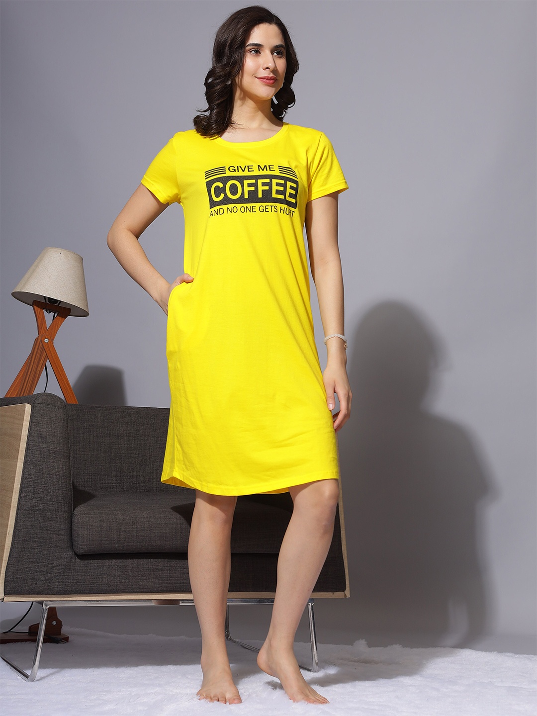 

9shines Label Typography Printed Pure Cotton T-shirt Nightdress, Yellow