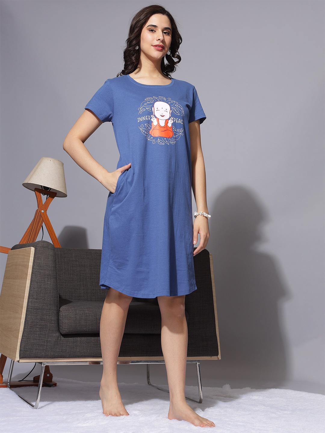 

9shines Label Graphic Printed Pure Cotton T-shirt Nightdress, Blue