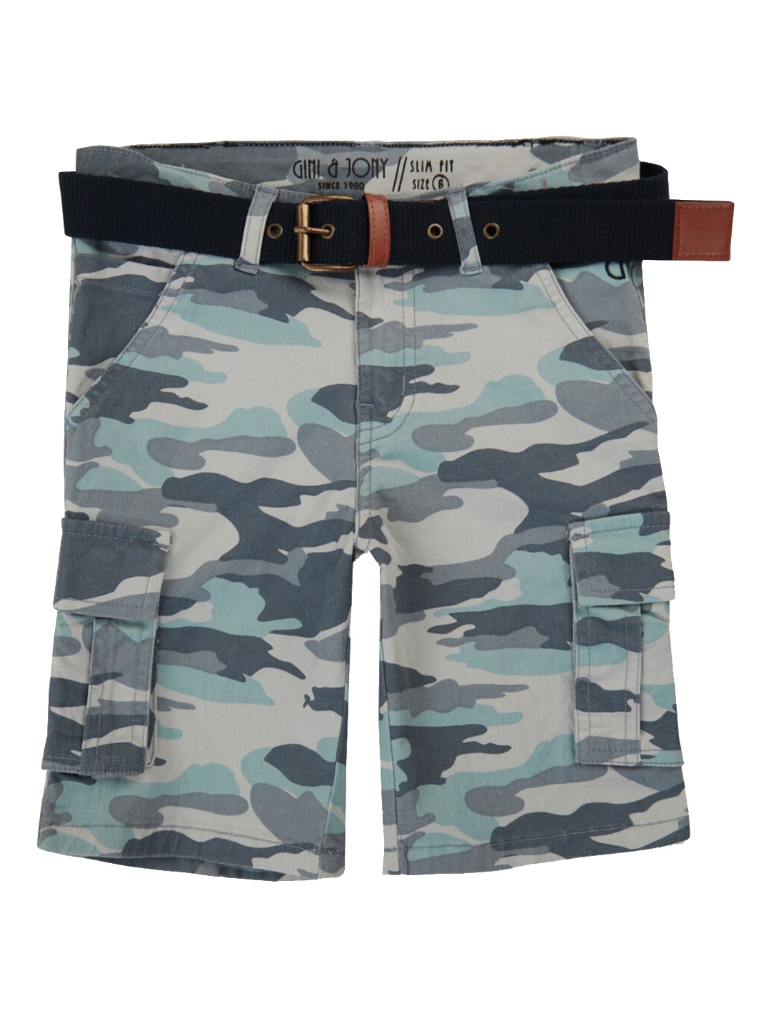 

Gini and Jony Boys Camouflage Printed Cotton Cargo Shorts, Blue