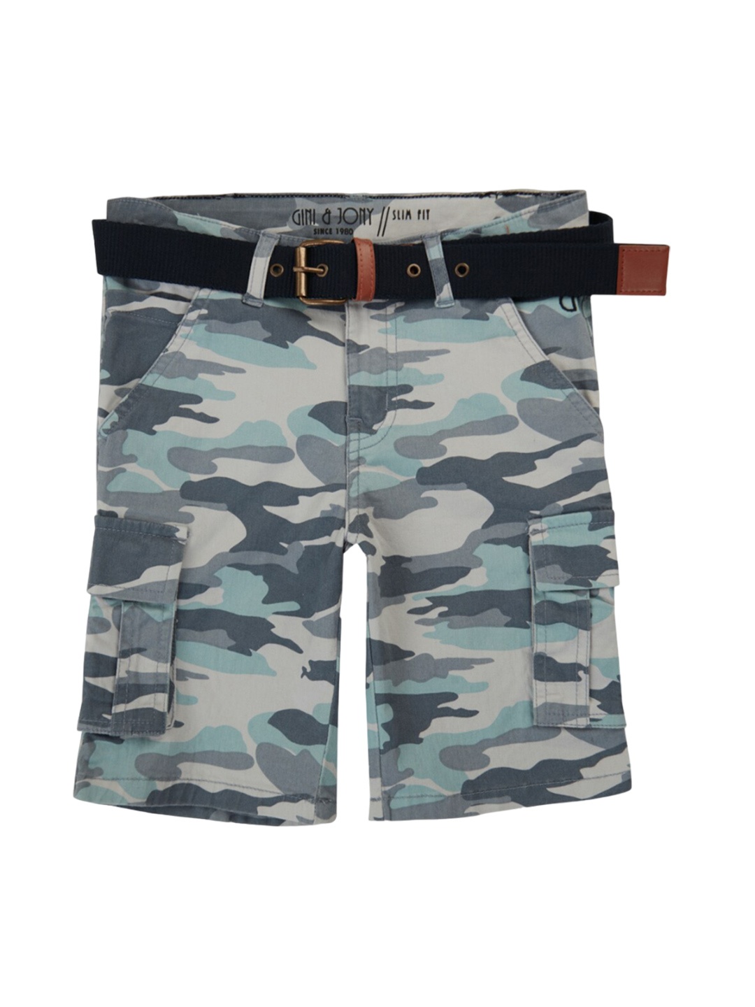 

Gini and Jony Boys Mid-Rise Camouflage Printed Cotton Cargo Shorts, Blue