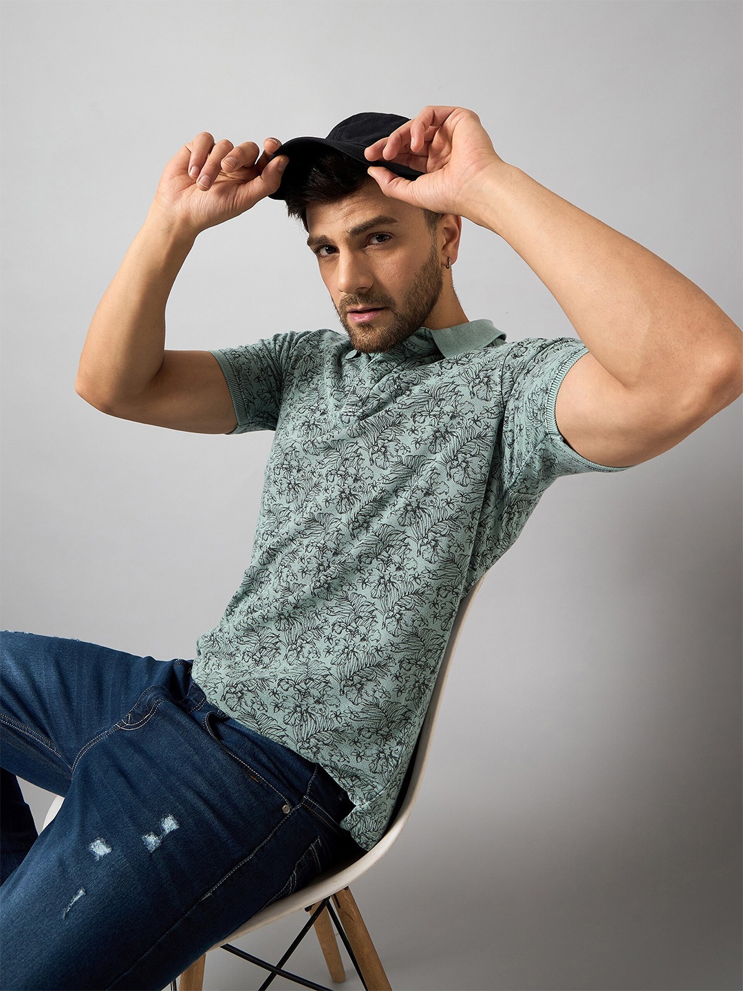 Club York Floral Printed Polo Collar Casual T-shirt, Green