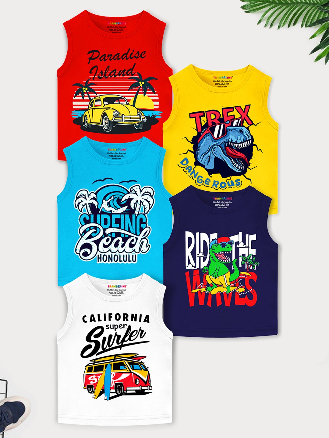 

Trampoline Boys Pack Of 5 Graphic Printed Sleeveless Cotton T-shirt, Red