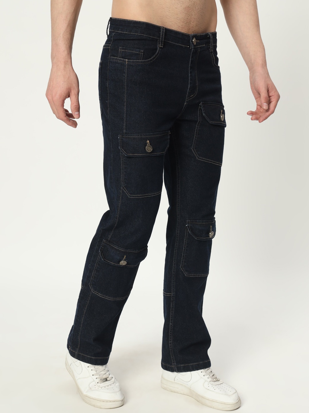 

AngelFab Men Jean Straight Fit Clean Look Cotton Cargos Jeans, Navy blue