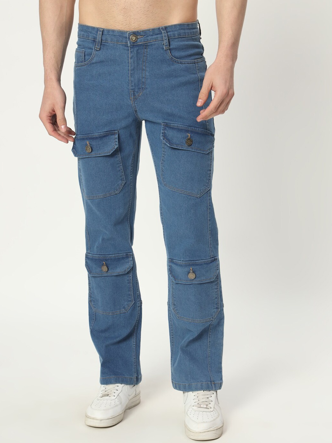 

AngelFab Men Jean Straight Fit Clean Look Cotton Cargo Jeans, Blue