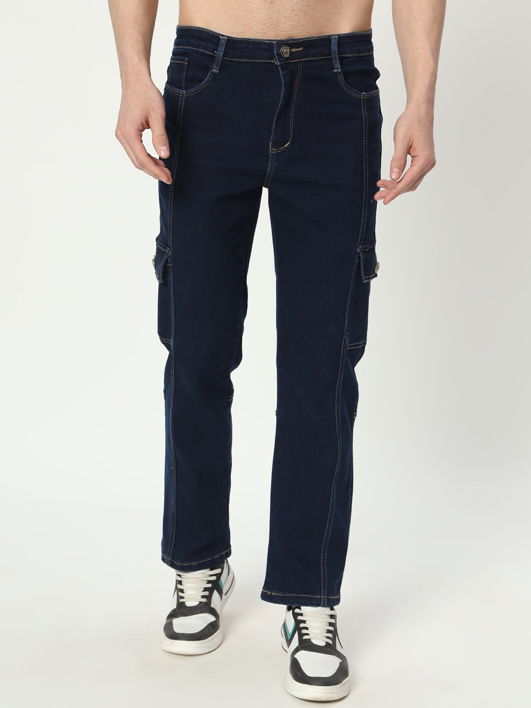 

AngelFab Men Jean Straight Fit Clean Look Cotton Cargos Jeans, Navy blue
