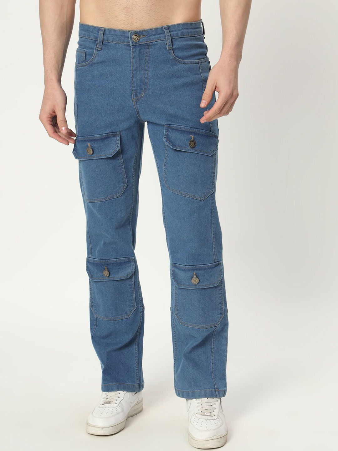 

AngelFab Men Jean Straight Fit Clean Look Cargo Cotton Jeans, Blue