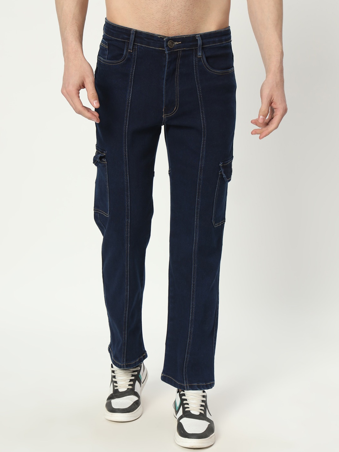 

AngelFab Men Jean Straight Fit Clean Look Cargo Cotton Jeans, Navy blue